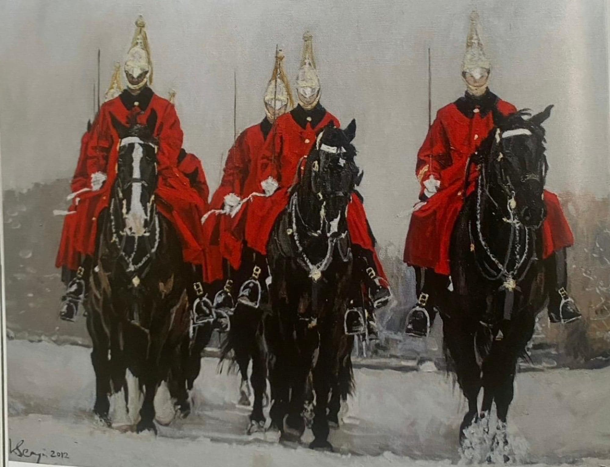 The Queen's Life Guards riding through snow, oil, 2012